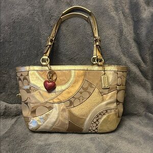 Coach Metallic Gold and Tan Patchwork Shoulder Bag